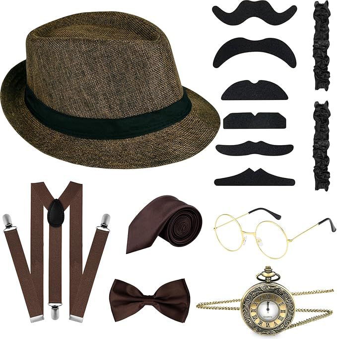 Men'S Accessories In The 1920S - ชุดอุปกรณ์แต่งกายสไตล์แกตส์บี้สำหรับผู้ชายยุค 1920 ประกอบด้วยหมวกเฟโดร่าสีน้ำตาล สายเอี๊ยม เนคไท โบว์ไท